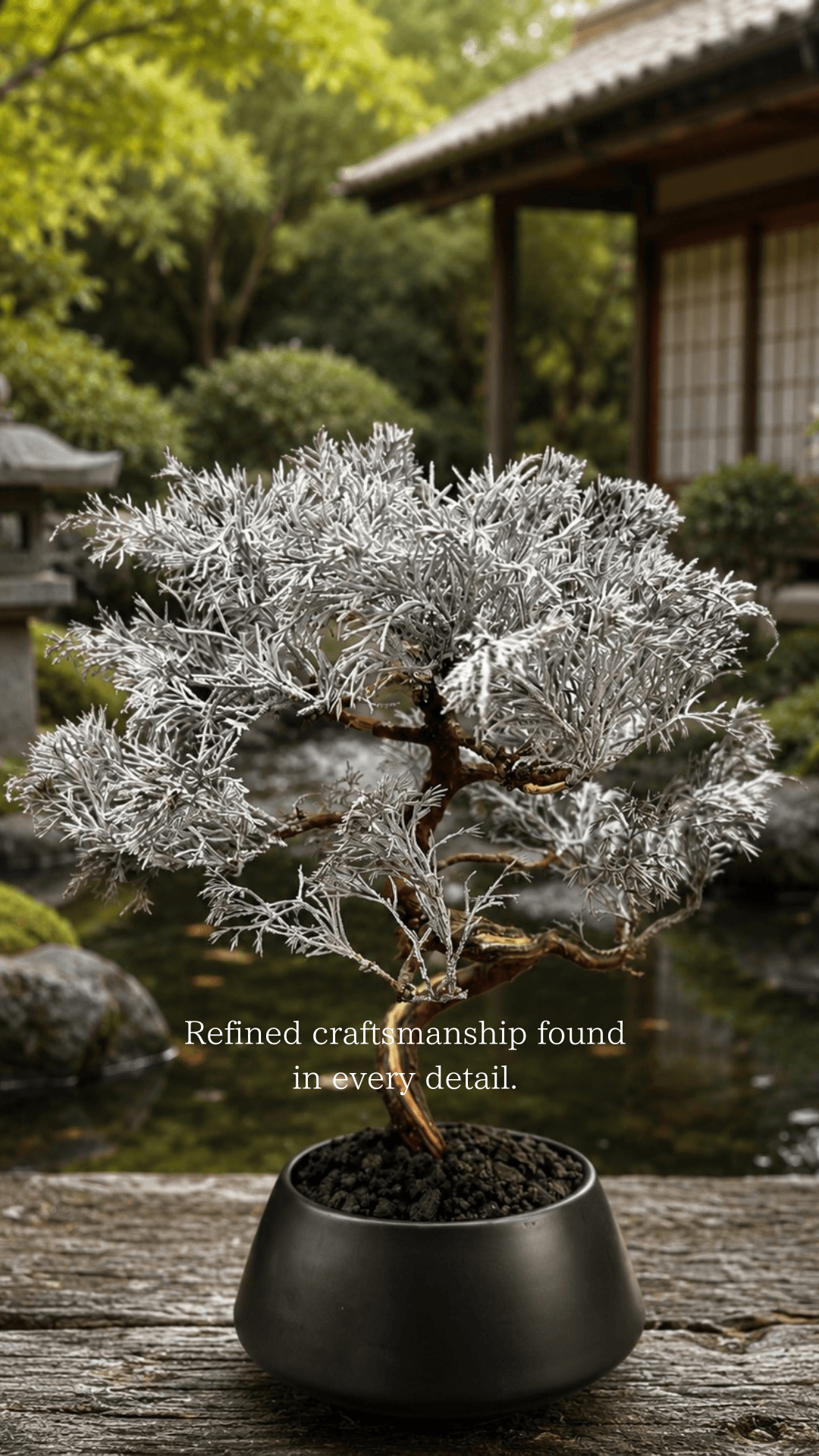 Silver preserved bonsai with fine detail in a Japanese garden